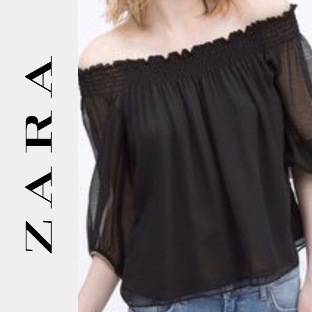 ZARA BASIC Off The Shoulder Sheer Top Gold Hem S